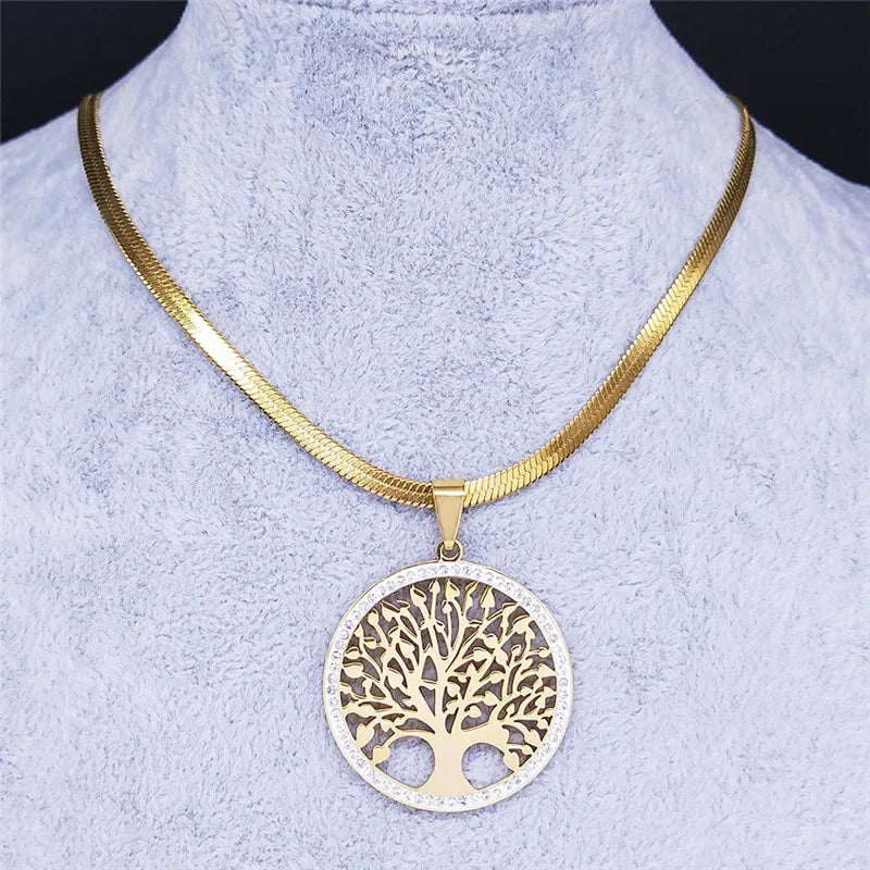 Fashion Tree of Life Stainless Steel Crystal Necklaces Pendants