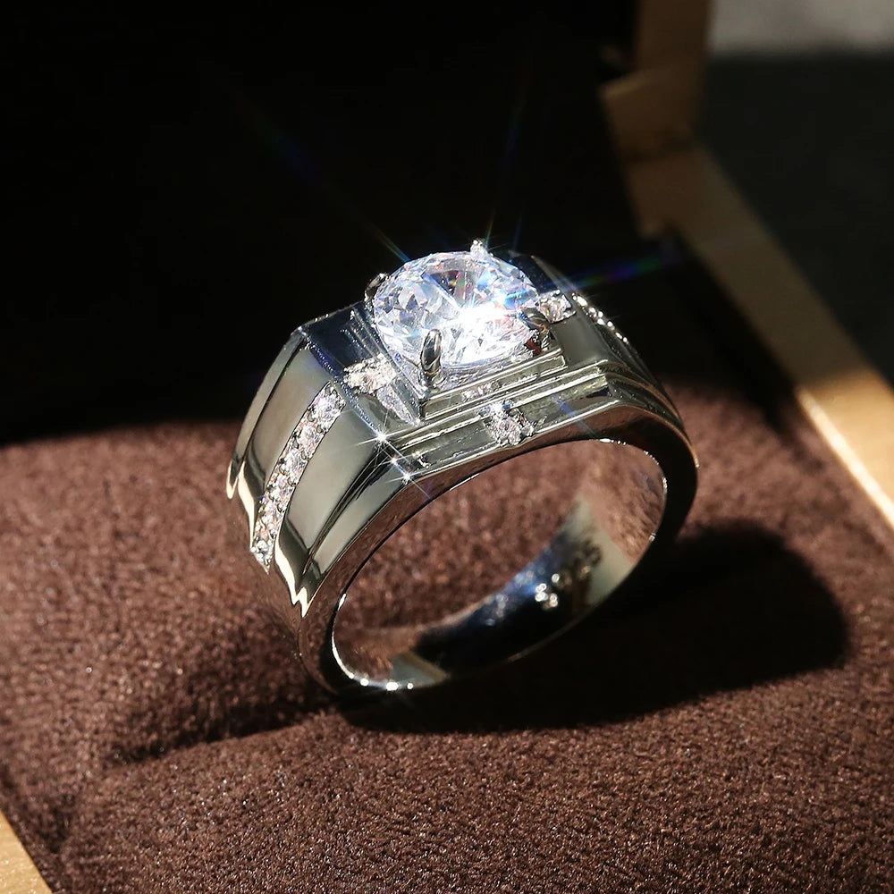 Huitan Luxury Silver Color Round Cubic Zircon Rings for men