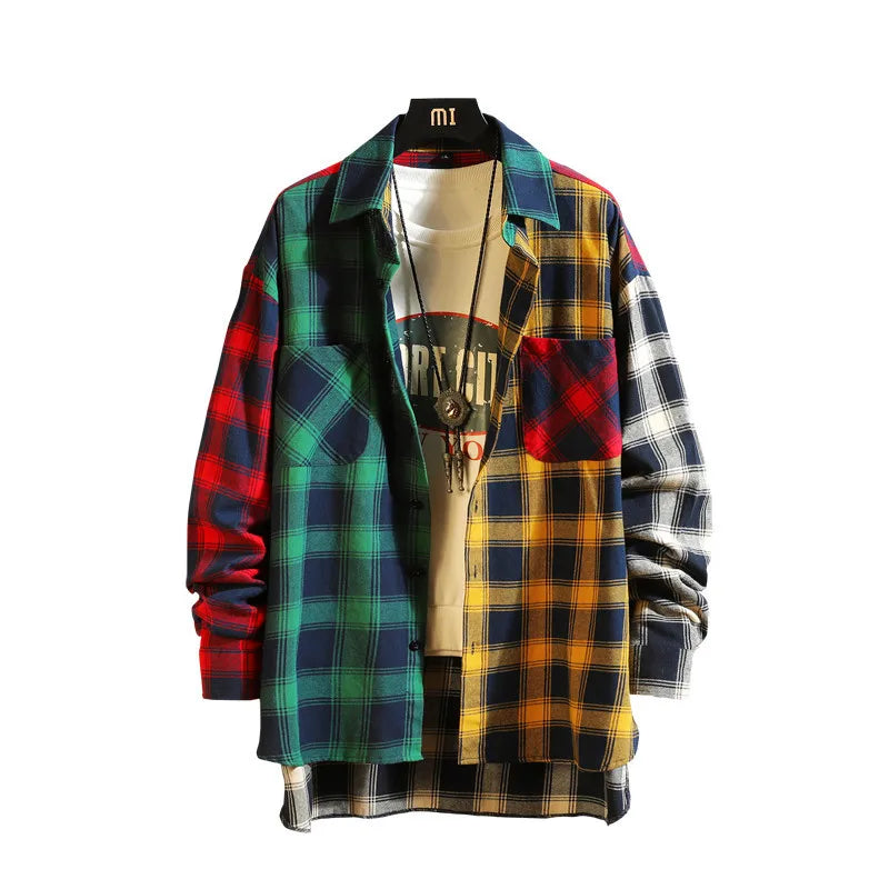 new personality patchwork red plaid shirt for men