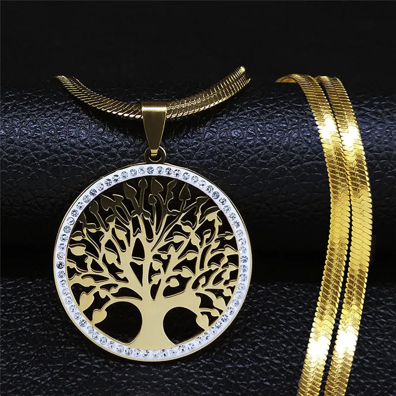 Fashion Tree of Life Stainless Steel Crystal Necklaces Pendants