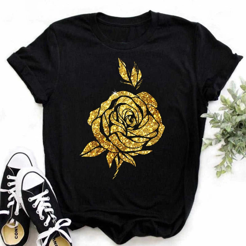 Maycaur's Fashion Gold Rose Print Women's T-shirt