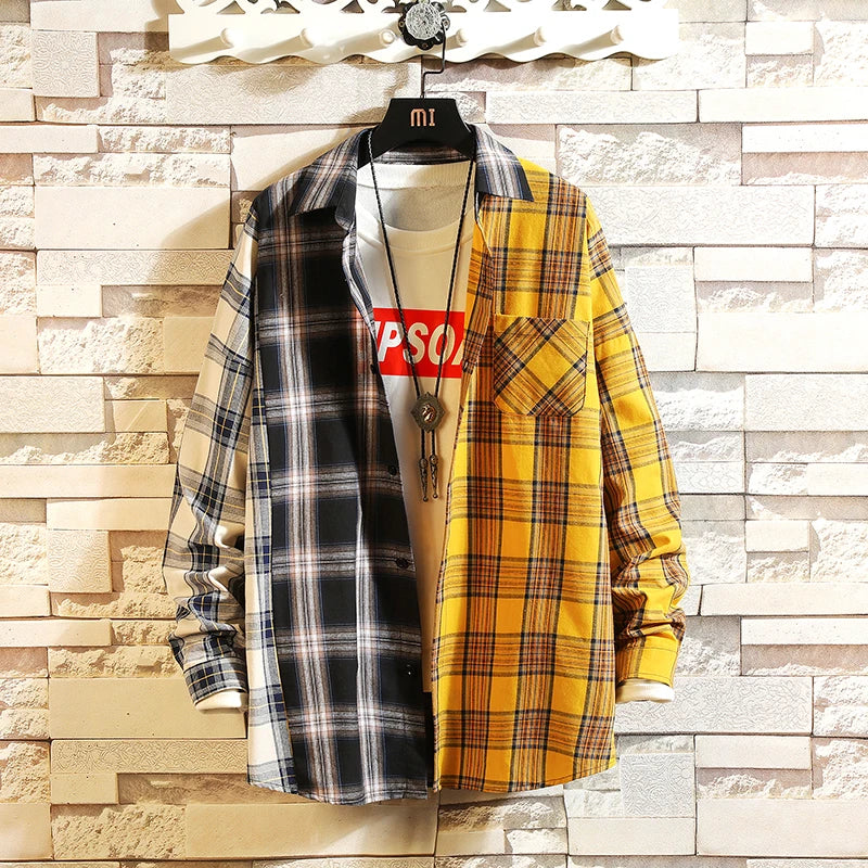 new personality patchwork red plaid shirt for men