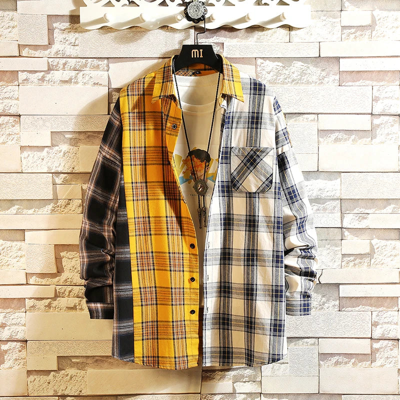 new personality patchwork red plaid shirt for men