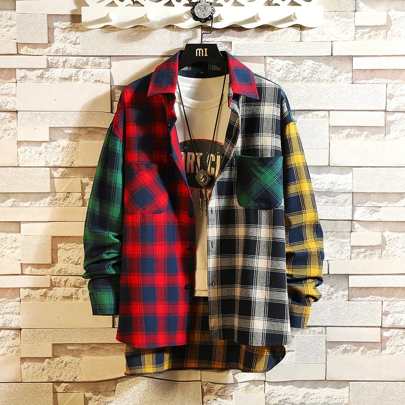 new personality patchwork red plaid shirt for men