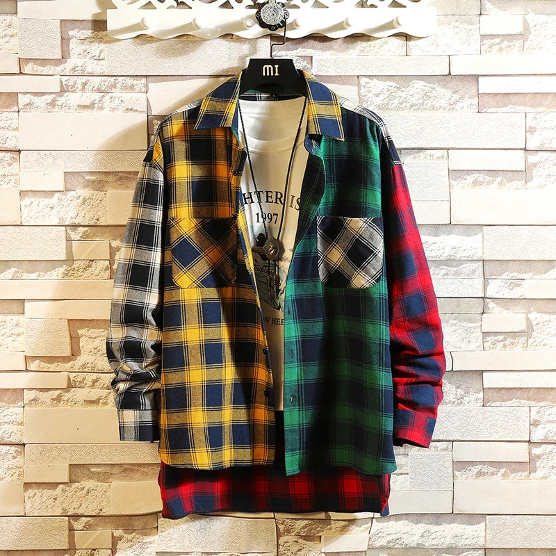 new personality patchwork red plaid shirt for men