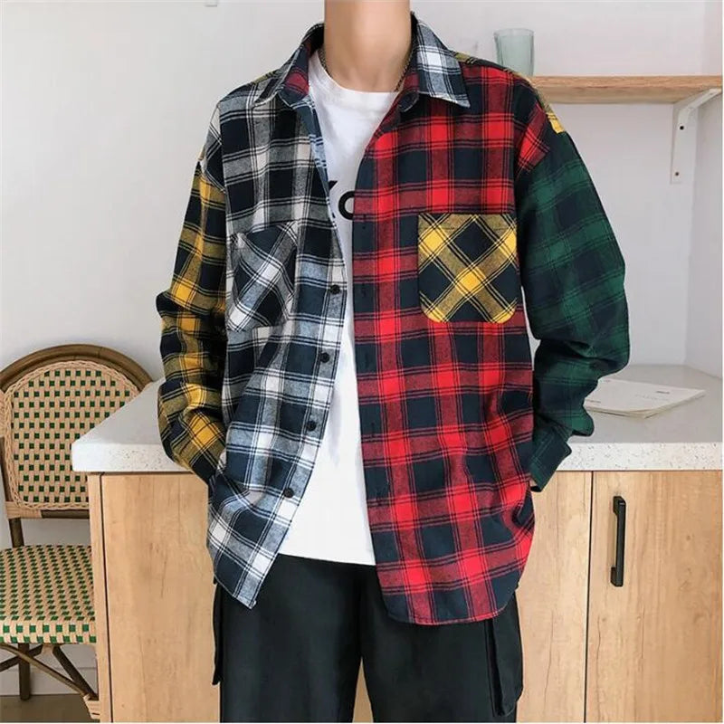 new personality patchwork red plaid shirt for men