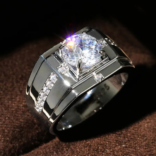 Huitan Luxury Silver Color Round Cubic Zircon Rings for men