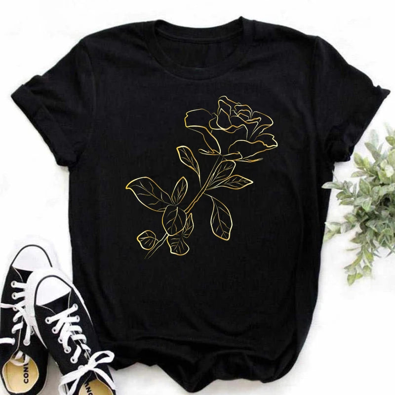 Maycaur's Fashion Gold Rose Print Women's T-shirt