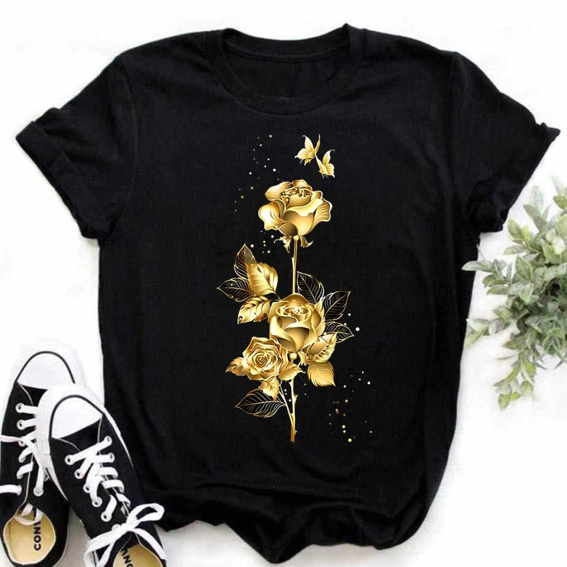 Maycaur's Fashion Gold Rose Print Women's T-shirt