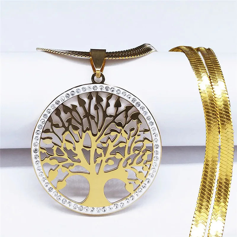 Fashion Tree of Life Stainless Steel Crystal Necklaces Pendants