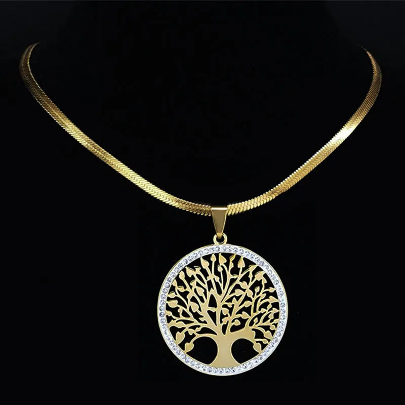 Fashion Tree of Life Stainless Steel Crystal Necklaces Pendants