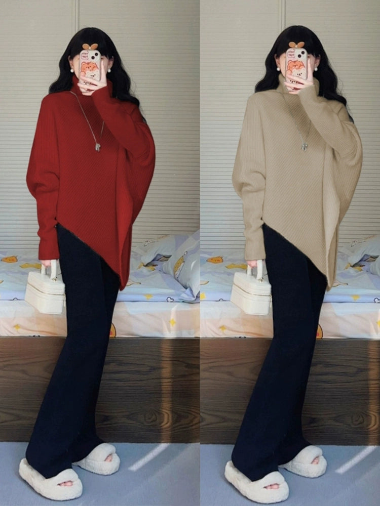 Red High Collar Autumn and Winter Idle Style Irregular Sweater