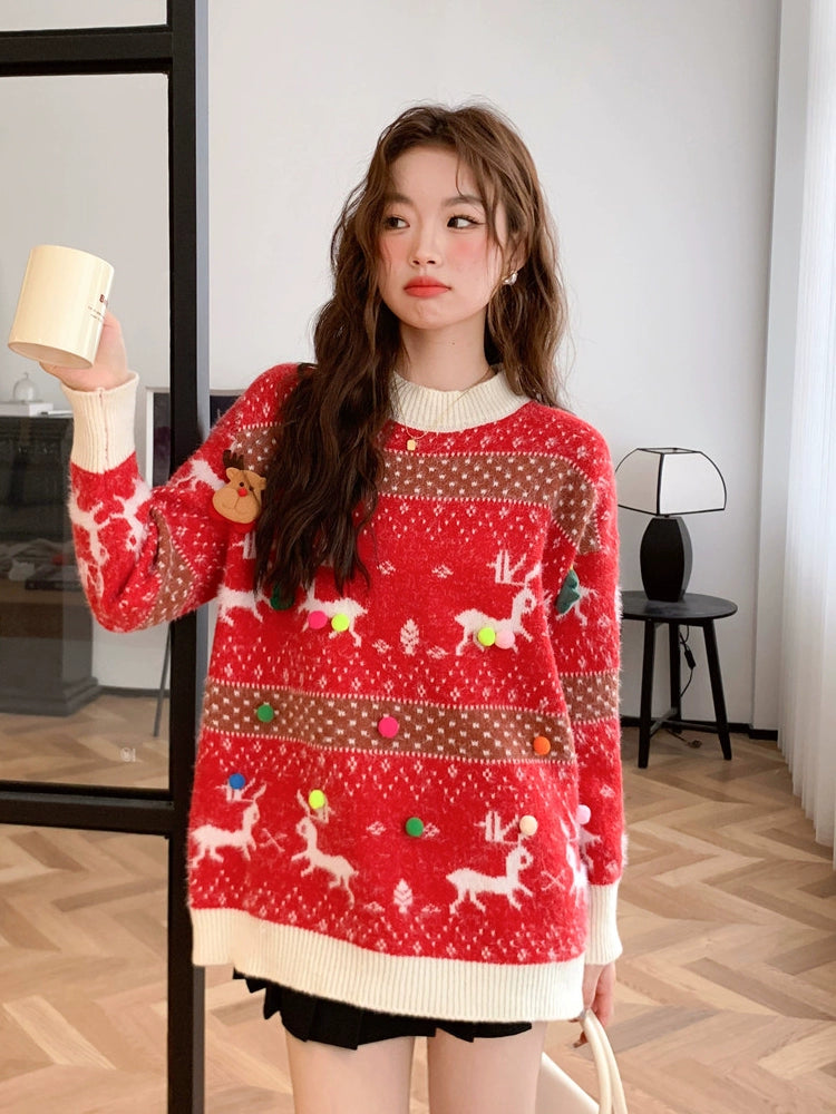 Red Knitted New Year Thick Loose Inner Christmas