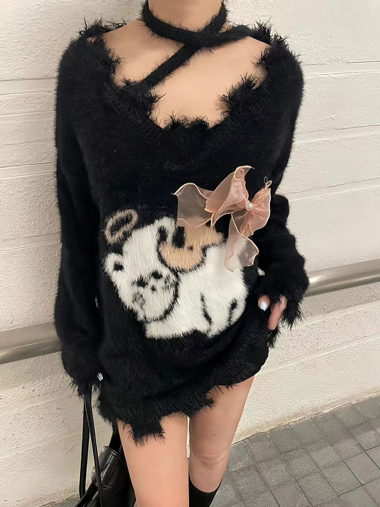 Lazy Imitation Mink Loose Bow Ripped Sweater