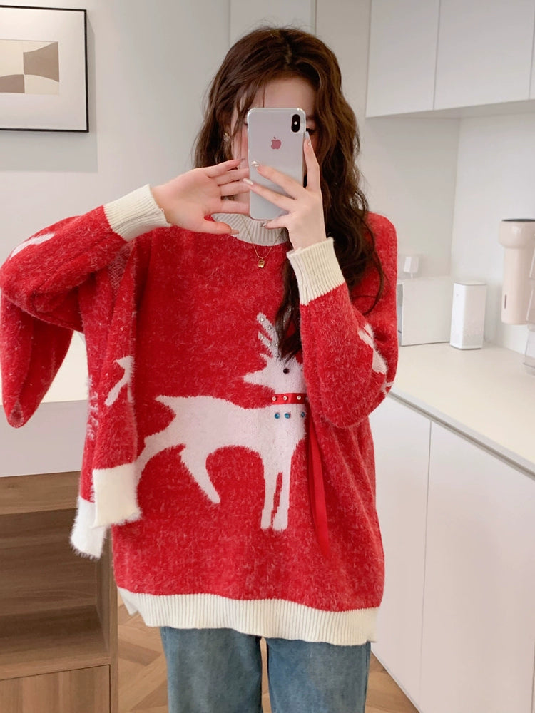 Red Knitted New Year Thick Loose Inner Christmas