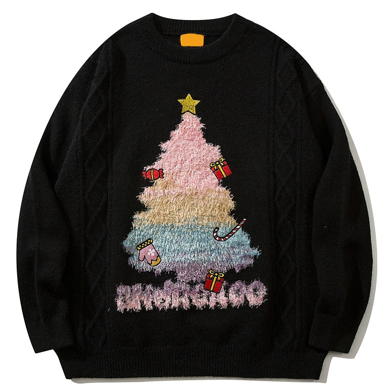 Cuwu Christmas Tree Idle Style Knitted Black Sweater