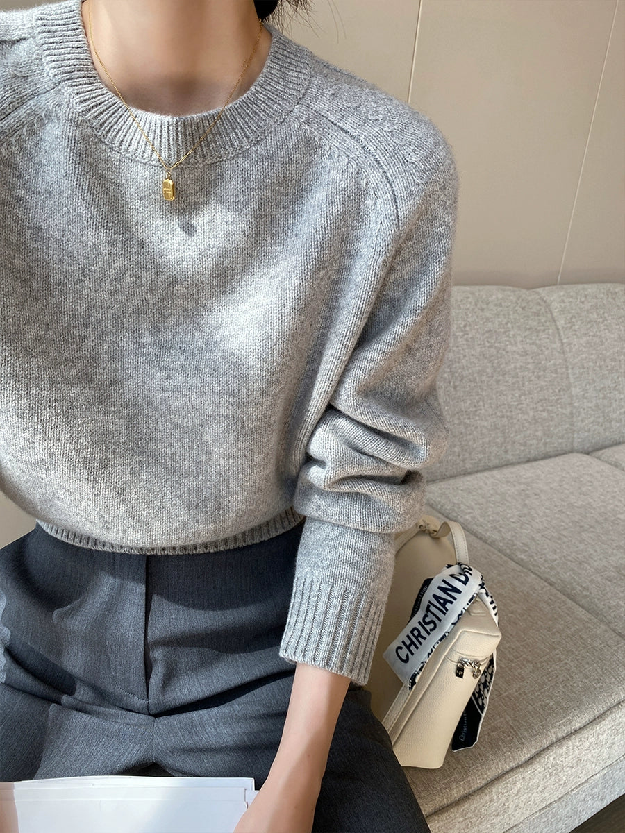 Gray round-Collar 2023 New Temperament Long-Sleeved Sweater