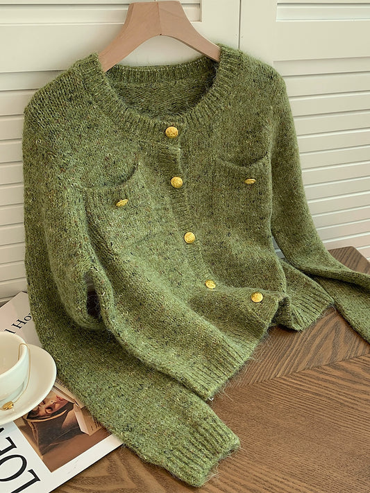 Classic Style Uniko Green Soft Glutinous Gold Buckle Sweater