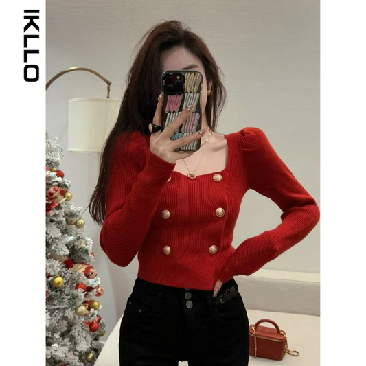 Unique Red Christmas Square Collar Top for the Year of the Rabbit