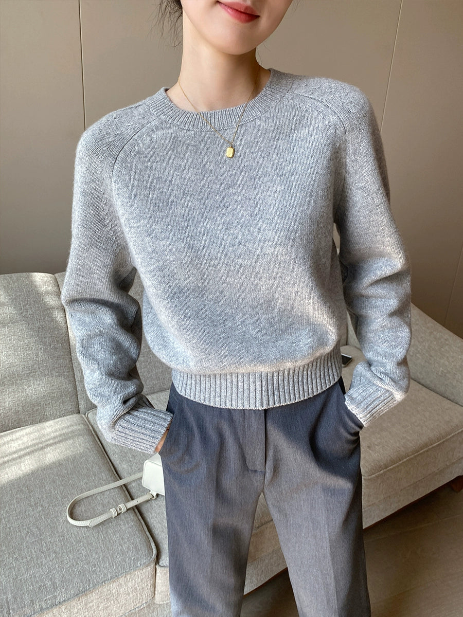 Gray round-Collar 2023 New Temperament Long-Sleeved Sweater