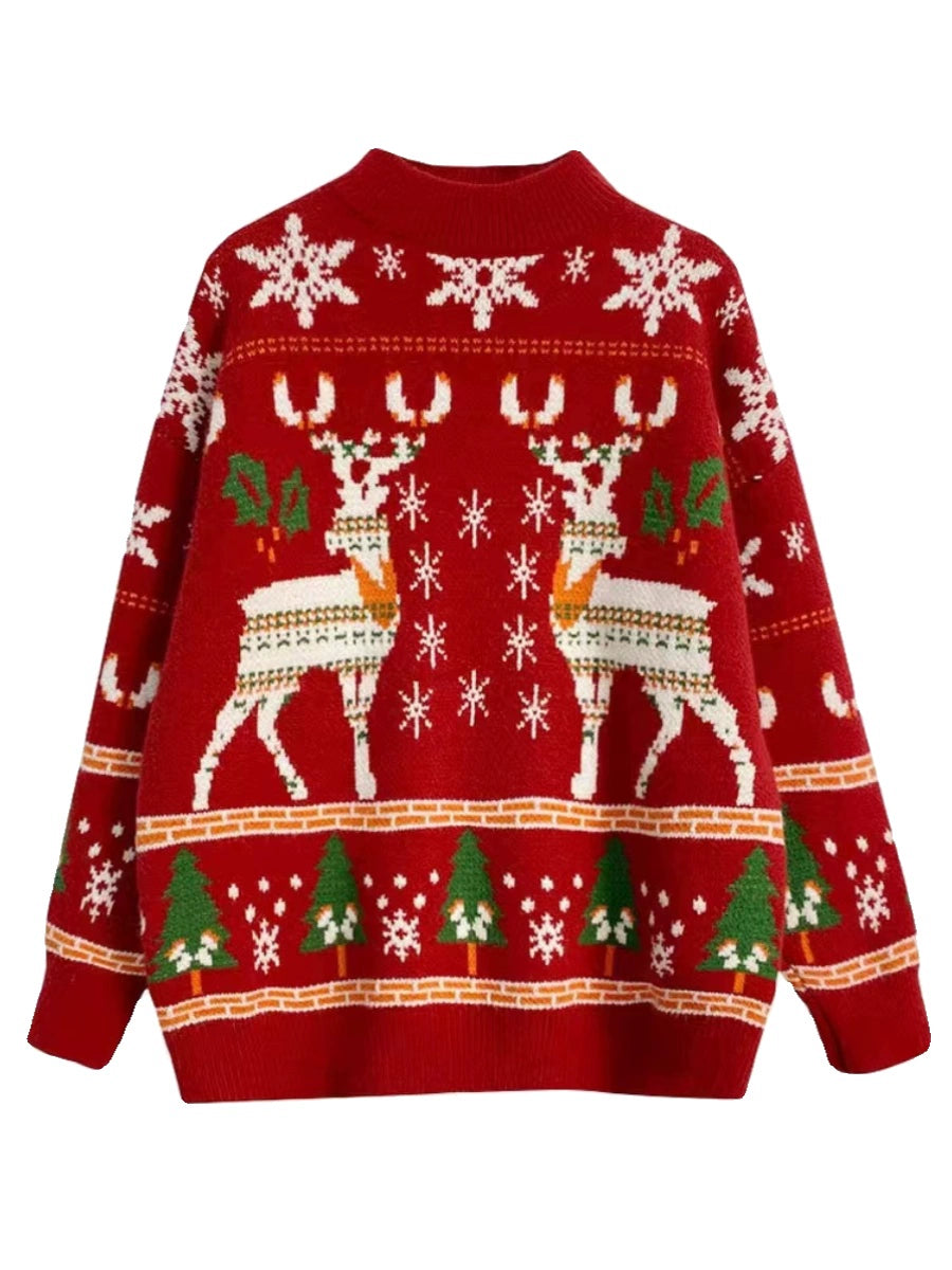 Christmas Elk Red Outer Wear Loose Pullover