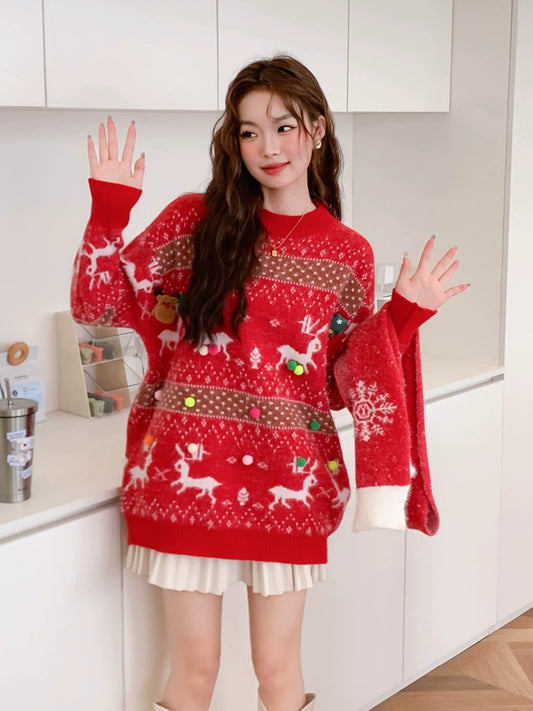 Red Knitted New Year Thick Loose Inner Christmas