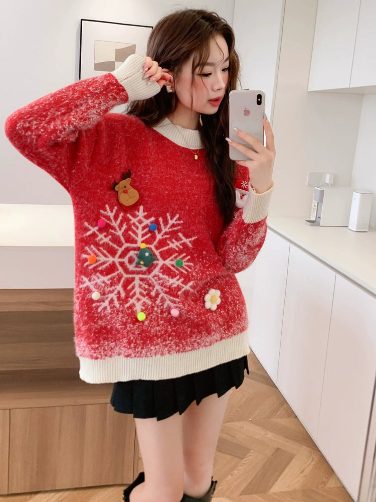 Red Knitted New Year Thick Loose Inner Christmas