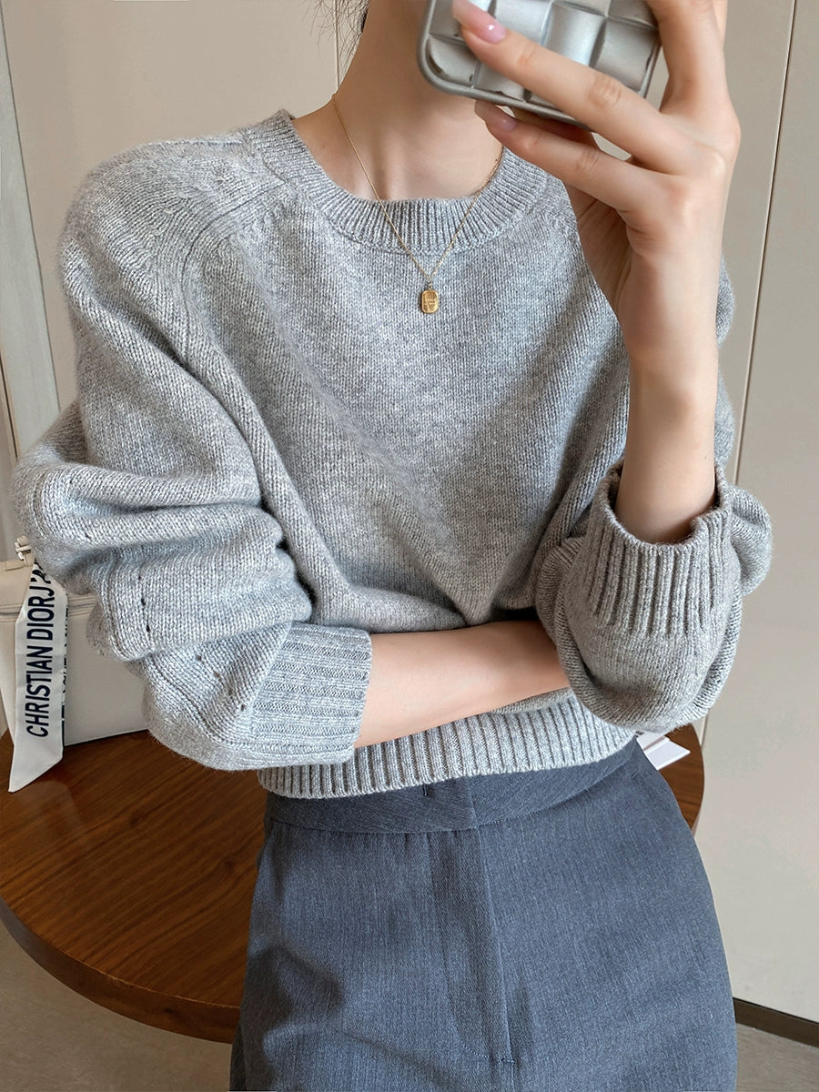 Gray round-Collar 2023 New Temperament Long-Sleeved Sweater