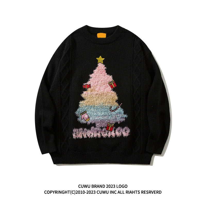 Cuwu Christmas Tree Idle Style Knitted Black Sweater