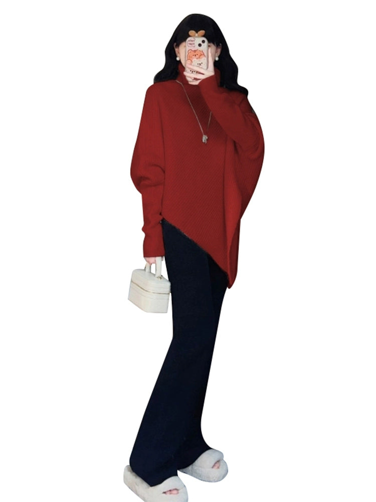 Red High Collar Autumn and Winter Idle Style Irregular Sweater