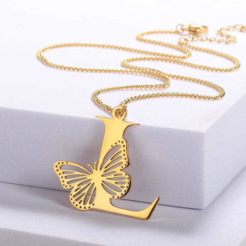 Dainty  Big  Stainless Steel  Butterfly Letters Necklaces