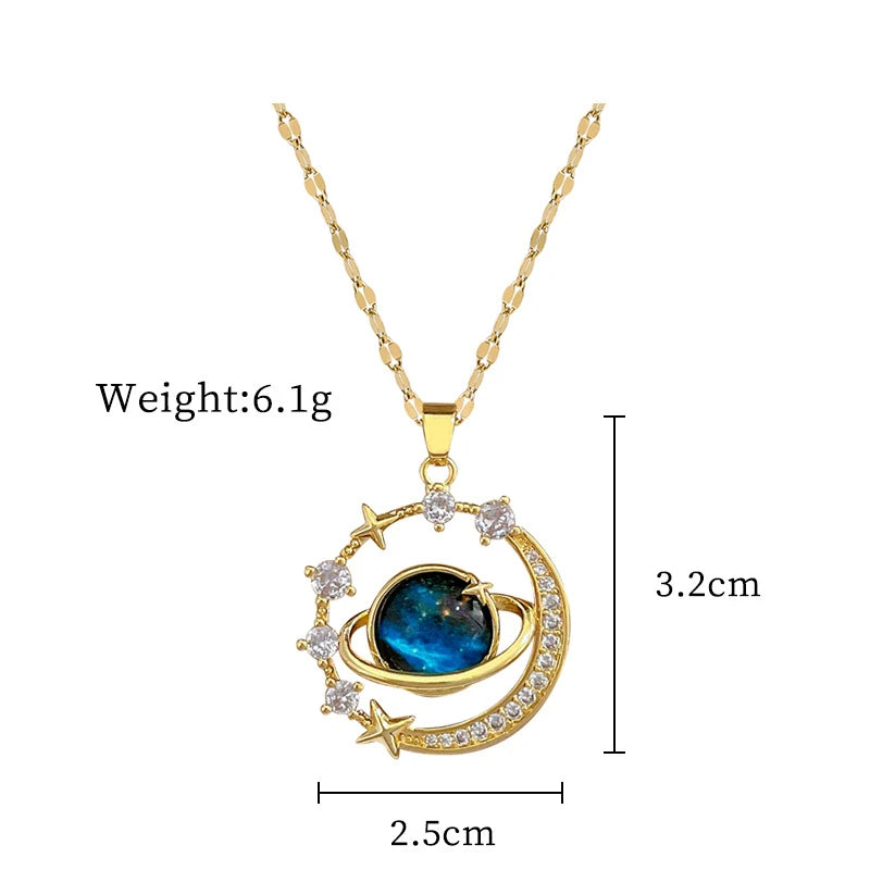 Stainless Steel Zircon Planet Star Pendant Necklace