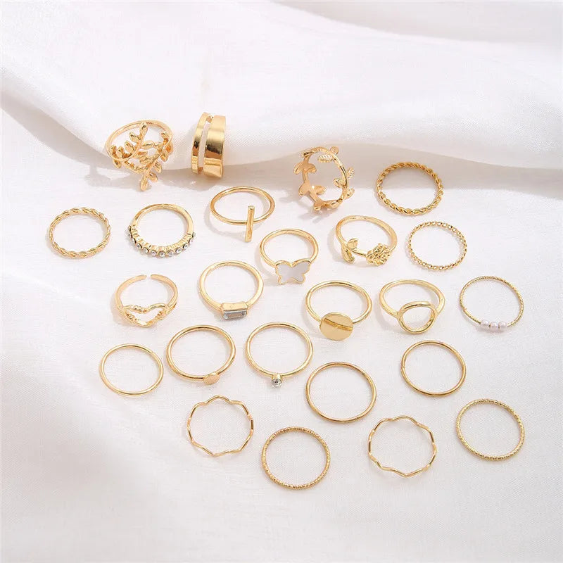 24Pcs Imitation Pearl Leaf Flower Rings Set For Women