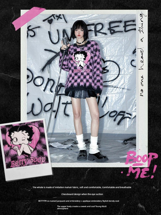 Betty Boop Chessboard Plaid round Neck Loose Sweater