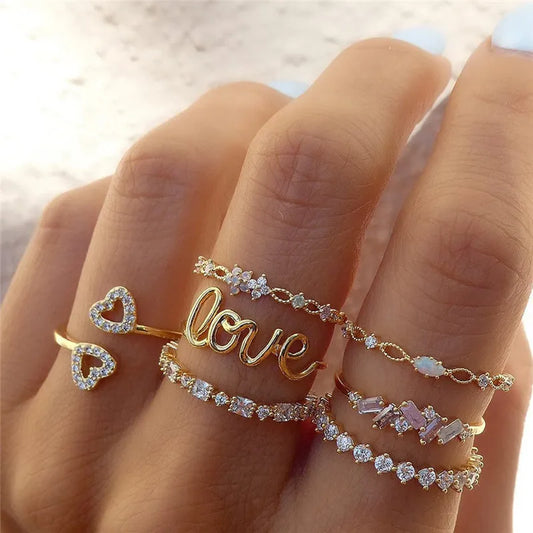 Modyle Boho Gold Color Heart Rings Set