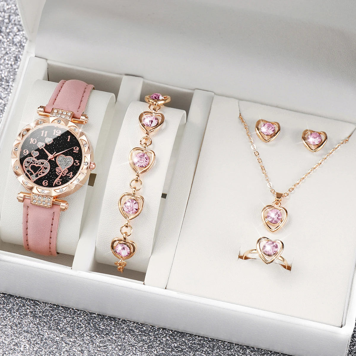 Fashion Rhinestone Heart Women Watch Jewelry Set