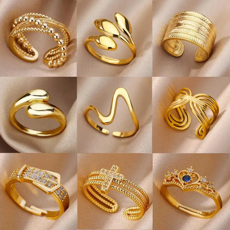 Stainless Steel Rings Gold Color Hollow Out Geometric Open Ring for Female