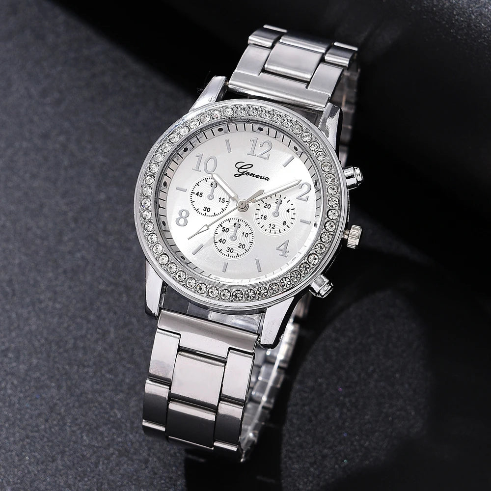 Rhinestone Fashion Luxury Watch Women Ring Necklace Earrings