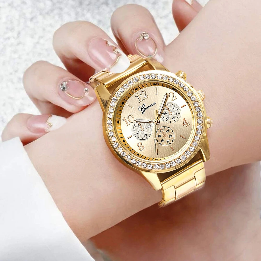 Rhinestone Fashion Luxury Watch Women Ring Necklace Earrings