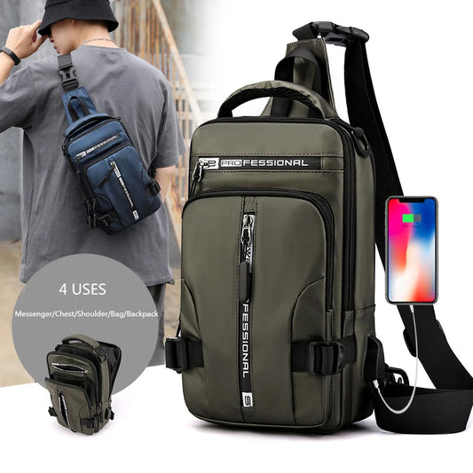 Men Nylon Backpack Rucksack Cross body Shoulder Bag with USB Charging Port Travel Male Knapsack Daypack Messenger Chest Bags New