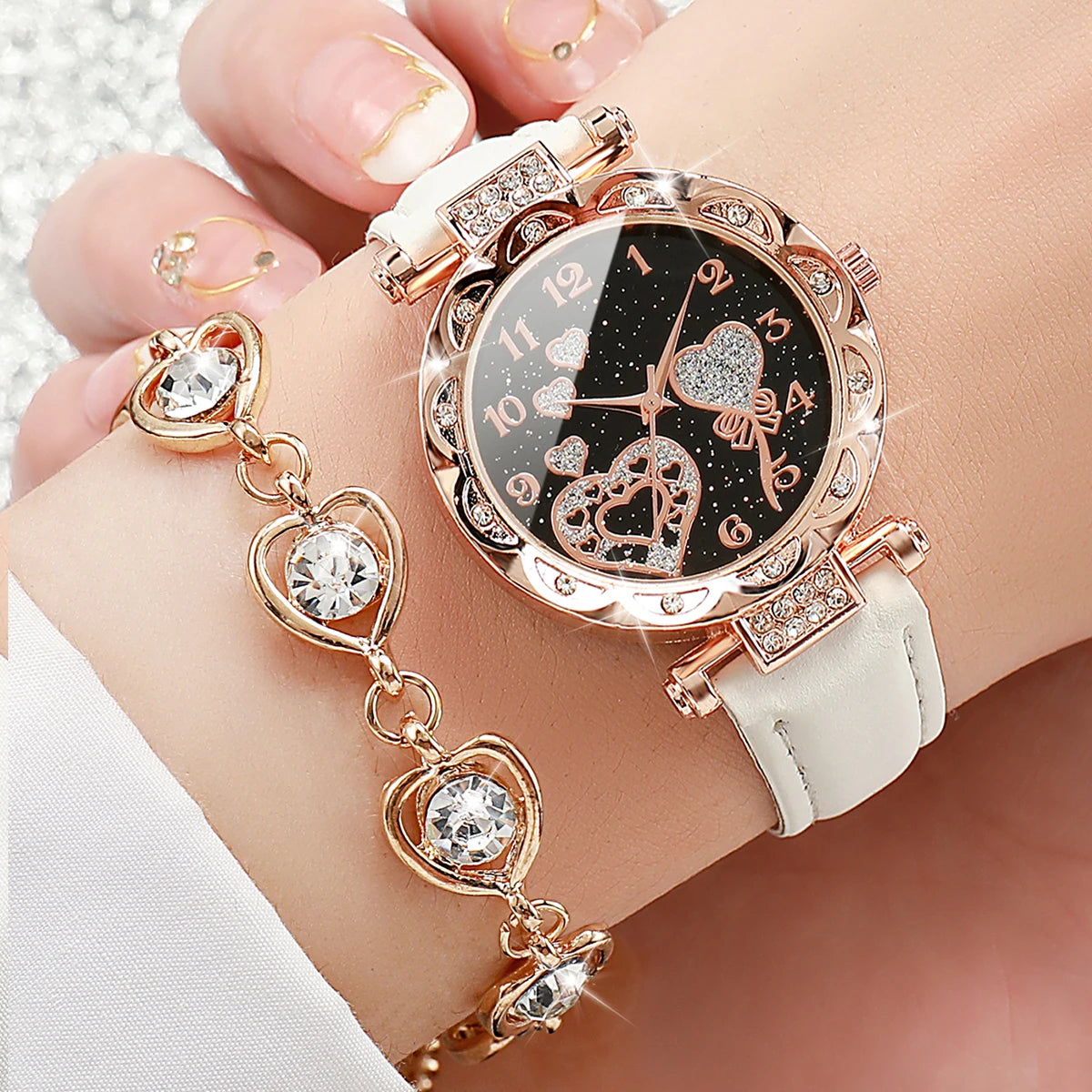 Fashion Rhinestone Heart Women Watch Jewelry Set