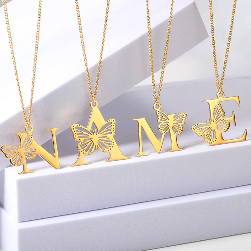 Dainty  Big  Stainless Steel  Butterfly Letters Necklaces