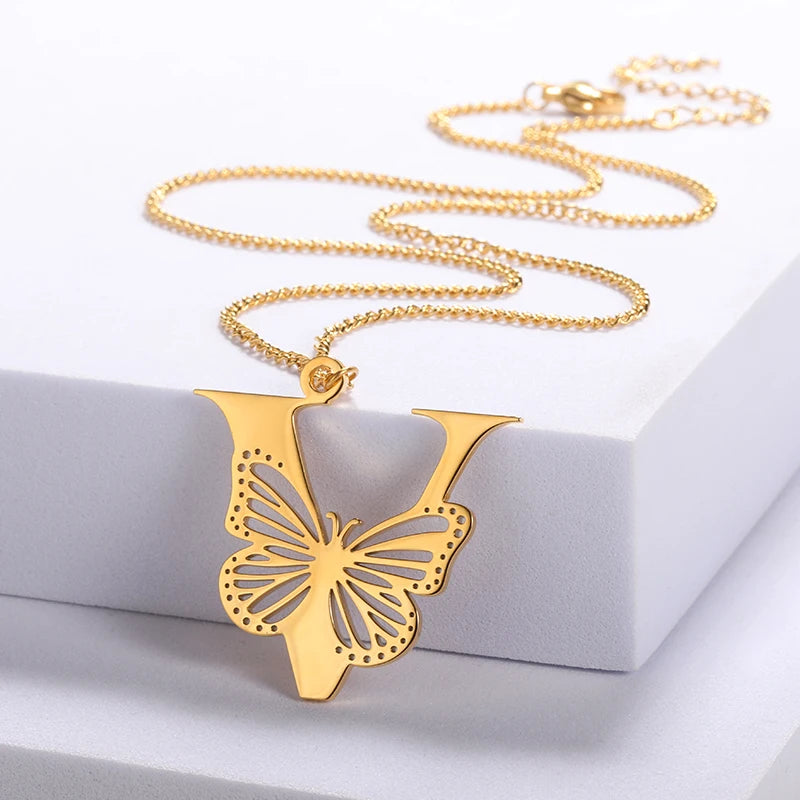 Dainty  Big  Stainless Steel  Butterfly Letters Necklaces