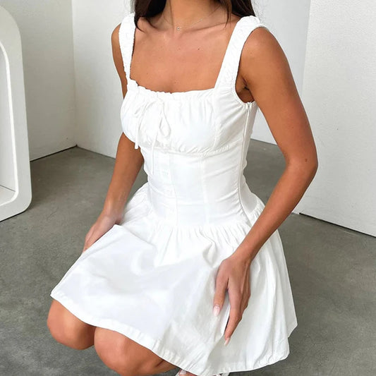 2024 Summer Women Spaghetti Strap Dress Sweet Elegant Square Neck Waist Banquet Dress Casual Hollow Button Pleated Mini Dresses