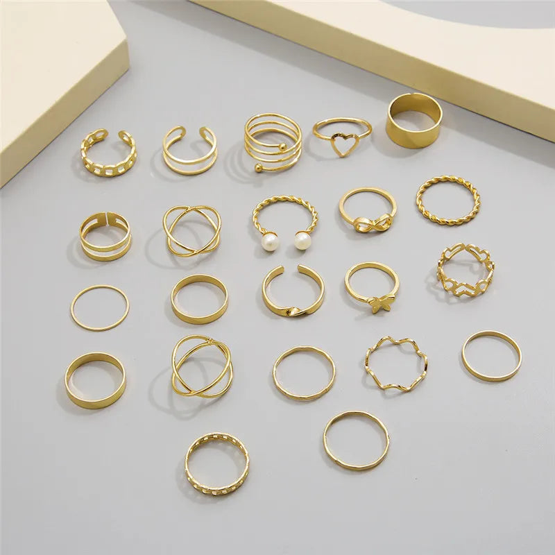 24Pcs Imitation Pearl Leaf Flower Rings Set For Women