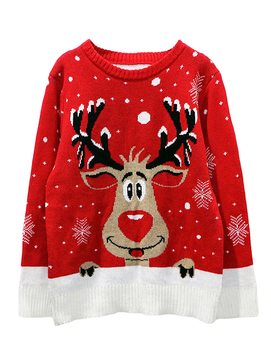 Women's Christmas Long Sleeves Fur Collar Sweater Reindeer Print Pullover