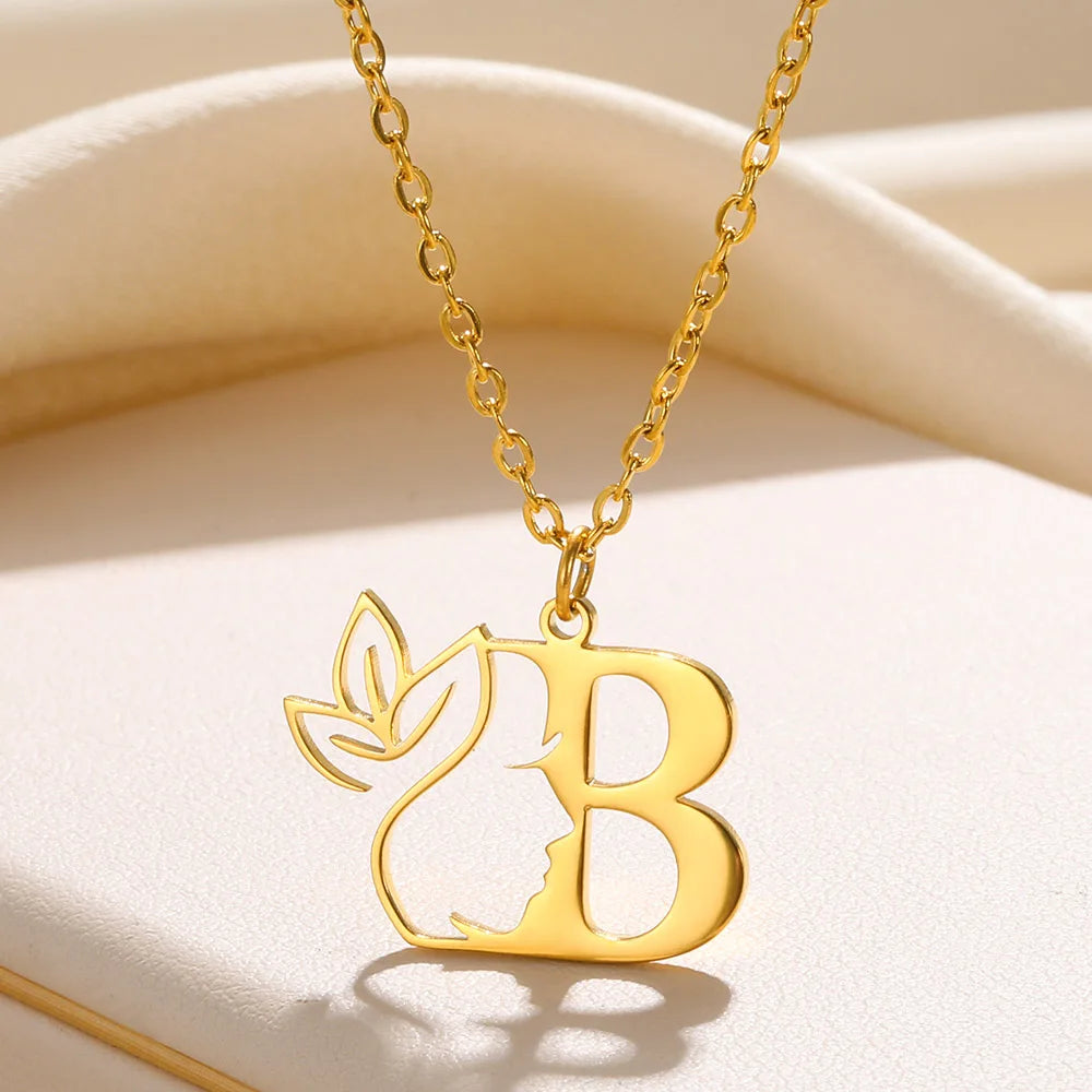 Beauty Flower Initial Necklace  Stainless Steel Letter Pendant Choker Necklaces Alphabet Jewelry