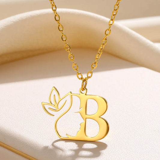 Beauty Flower Initial Necklace  Stainless Steel Letter Pendant Choker Necklaces Alphabet Jewelry