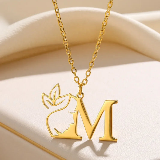 Beauty Flower Initial Necklace  Stainless Steel Letter Pendant Choker Necklaces Alphabet Jewelry