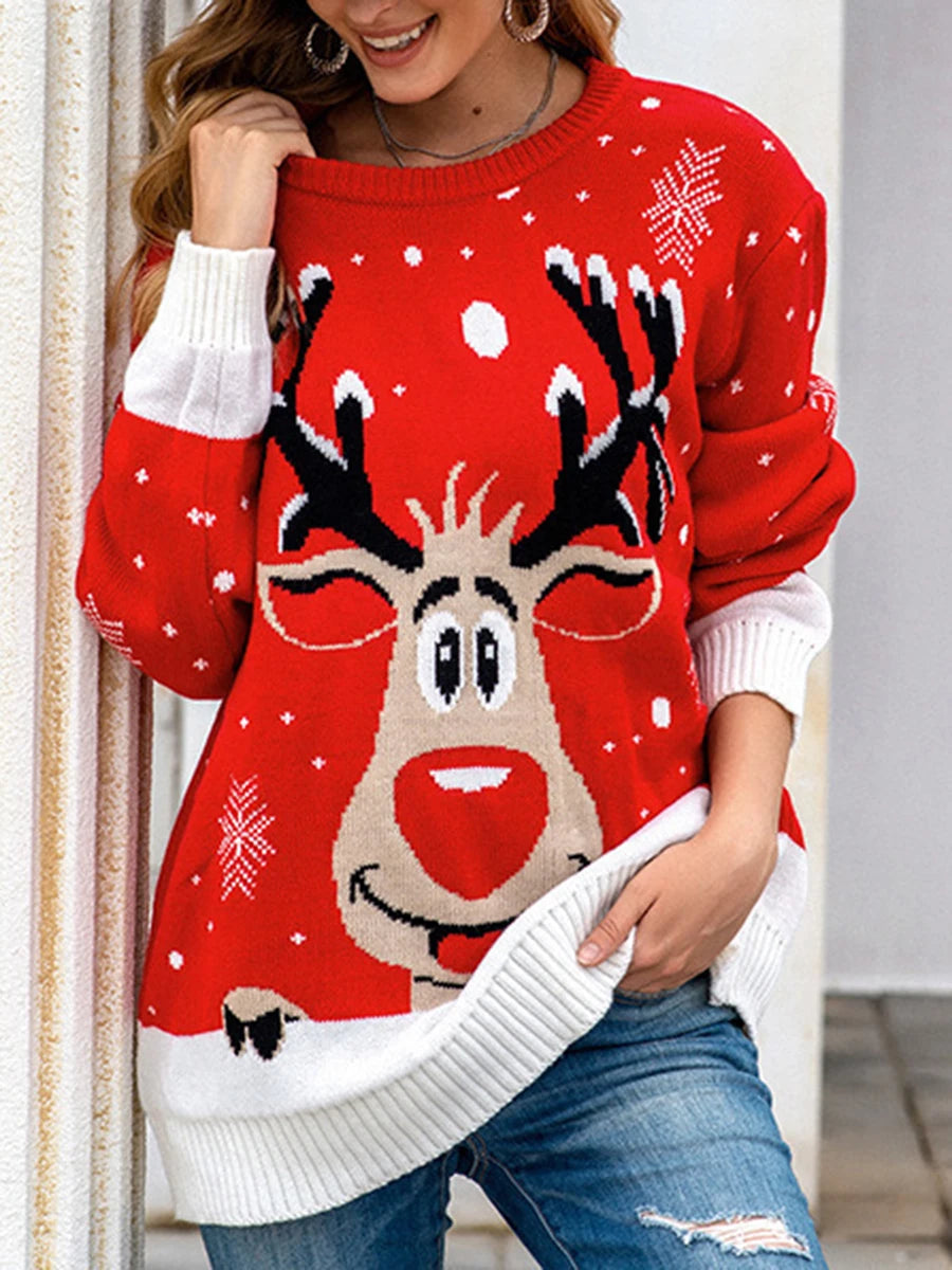 Women's Christmas Long Sleeves Fur Collar Sweater Reindeer Print Pullover